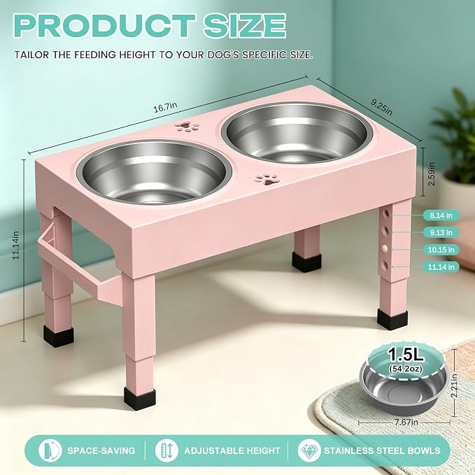 Elevated Dog Bowls Stand Large Breed, Height Adjustable Raised Dog Bowls Holder with 2 Stainless Steel Food Bowls for Small, Medium and Large Canine，Pink