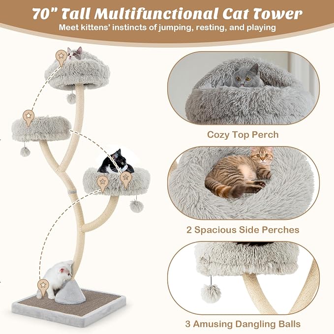 70" Tall Cat Tree, Cat Tower with Scratching Posts and Board, Multi-Level Cat Tower for Large Cats 20 lbs+ with 3 Cozy Perches and Dangling Balls, Modern Cat Tree for Indoor Cats Large Adult