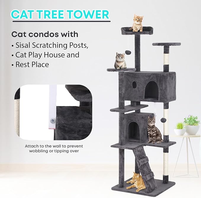 FDW | 70" Cat Tree Tower | Light Gray | Multi-Level Indoor Activity Center with Sisal Scratching Posts, Condos, Plush Perches, Hanging Cat Toys | Sturdy, Easy to Assemble | for Kittens & Adult Cats