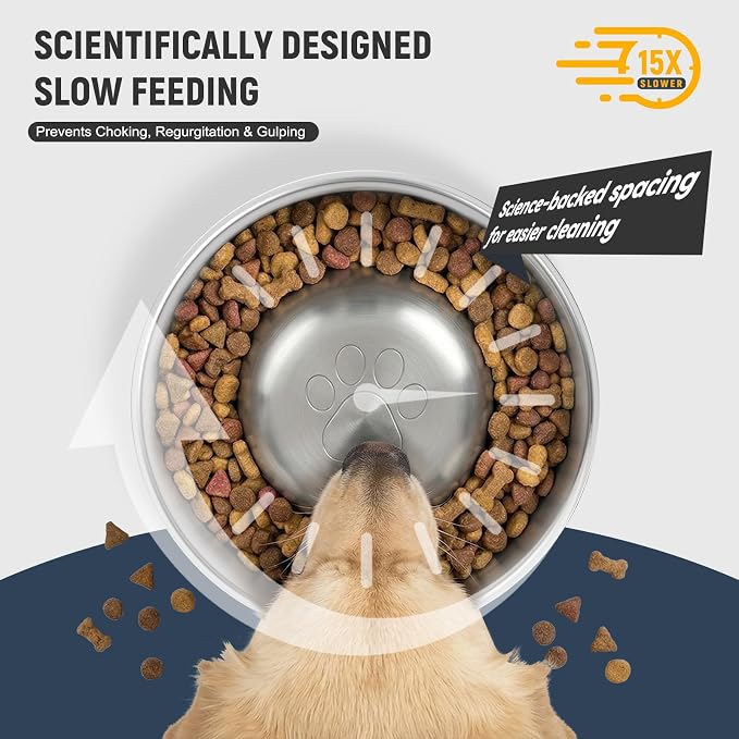 Dog Slow Feeder Bowls Food-Grade 304 Stainless Steel Dog Slow Feeder Bowl Double Wall Heavy Duty Non-Slip Rubber Base 2 Cups Capacity for Small Medium Dogs- Black