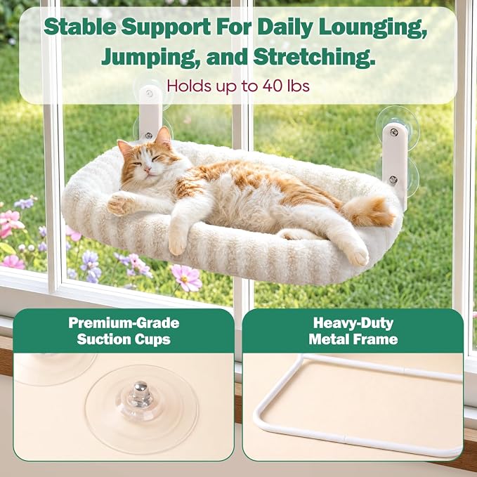 Zakkart Mellow Foldable Cat Window Perch, Upgraded Suction Cups (Beige, L) | Curtain-Friendly, Dual-Fabric Striped Machine Washable Bed, Heavy Duty ABS & Metal Frame, Hold up to 40 lbs., 24.8"W x 15.5"D