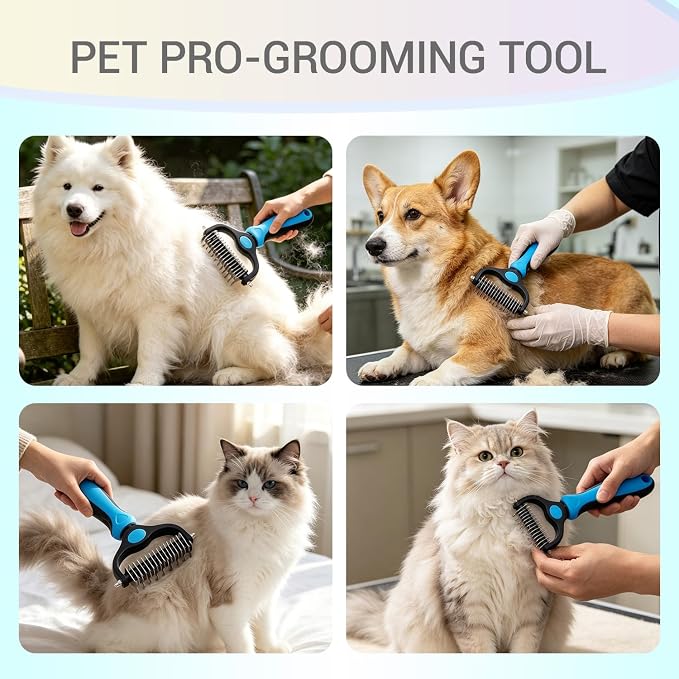 Dog Deshedding Rake for Shedding, Double-Sided Grooming Tool for Dogs & Cats, Gentle Skin-Friendly Pet Brush for Long and Short Hair Breeds, Removes Loose Hair and Keeps Coats Healthy (Brush & Comb)