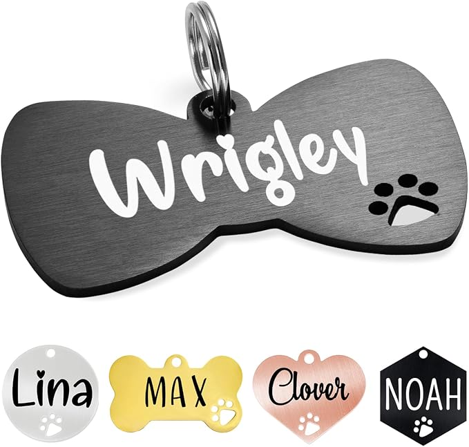 Ultra Joys Dog Tags Personalized for Pets - Hollow Paw Custom Pet ID Tag - Engraved Dog Tag for Small, Large Dogs - Large Bow Tie in Black