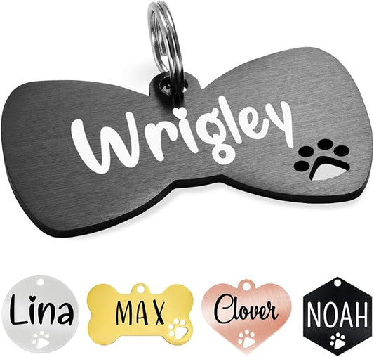 Ultra Joys Dog Tags Personalized for Pets - Hollow Paw Custom Pet ID Tag - Engraved Dog Tag for Small, Large Dogs - Large Bow Tie in Black