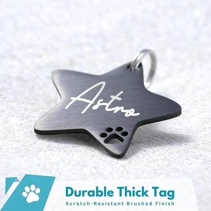 Ultra Joys Dog Tags Personalized for Pets - Hollow Paw Custom Pet ID Tag - Engraved Dog Tag for Small, Large Dogs - Small Star in Black