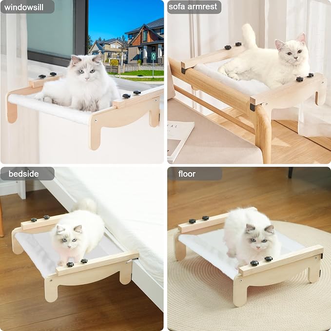 Cat Window Perch, Wooden Window Perch for Cats Inside, 2 in1 Cat Hammock for Window, Versatile Cat Window Bed, Multi Installation Place Window Cat Bed for Windowsill Bedside Drawer and Cabinet