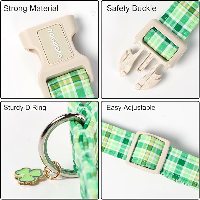 DOGWONG St. Patrick's Day Dog Collar, Cute Green Plaid Dog Collars, Adjustable St. Patrick's Day Pet Collars Design Dog Collar with Quick Release Buckle for Boy Female Dogs