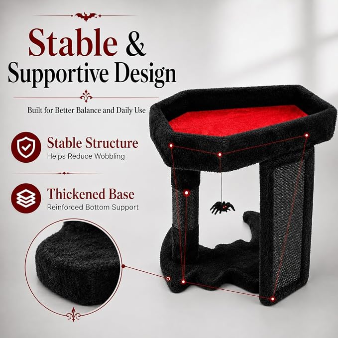 Gothic Cat Tree Tower with Coffin Cat Bed for Indoor Cats, Halloween Spooky Cat Scratcher,Goth Cat Tree with Sisal Scratchig Post and Spider Dangling Toys,Black with Red