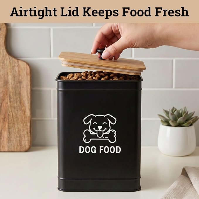 Metal Dog Food Container 5-7lb, 25 Cup w/ Airtight Bamboo Lid, Metal Handle | Pet Jar For Dogs up to 50lbs, Airtight Bamboo Lid, Sturdy Comfortable Metal Handle, Powder Coated Iron, Kibble Storage Bin