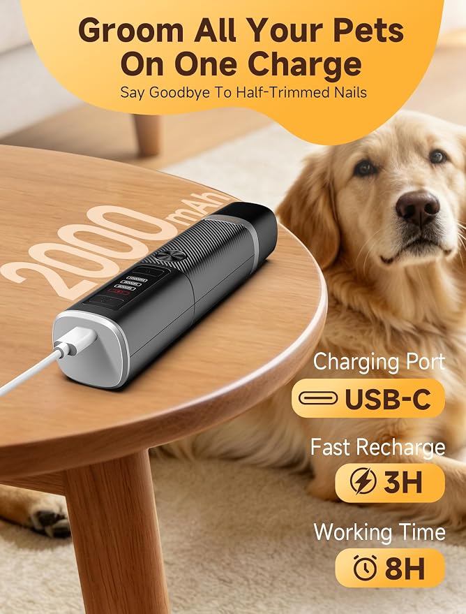 Dog Nail Grinder, Quiet Electric Dog Nail Trimmer with 2 LED Lights, 3-Speed Pet Nail Grinder for Dogs & Cats, Rechargeable 2000mAh Nail Grinder for Small Medium Large Dogs with Light, Black