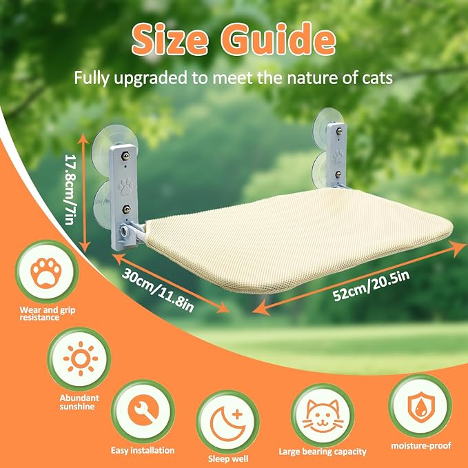 Large Beige Cat Window Perch – Cordless Foldable Hammock Bed, Zip‑Off Machine Washable Cover, Sturdy Metal Frame Window Bed for Cats and Kittens