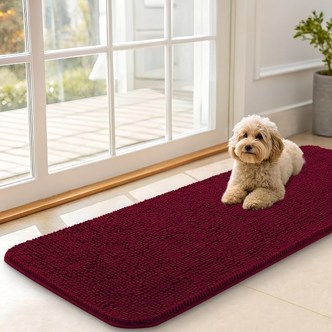 OLANLY Dog Door Mat for Muddy Paws 47x17, Super Absorbent Chenille Mud Mat | Burgundy, Absorbs Moisture and Dirt, Non-Slip Machine Washable Doormat, Quick-Drying Indoor Entryway Floor Carpet for Dogs