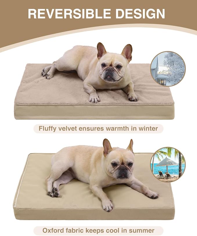 KSIIA Orthopedic Dog Bed for Medium Dogs with Waterproof Lining,Khaki,29x18 | Deluxe Soft Plush Dog Crate Bed, Washable Pet Mat with Removable Cover & Egg Crate Foam for Medium Dogs Sleeping & Relaxing
