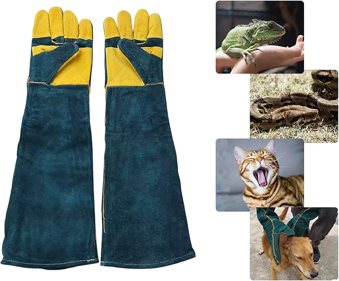 Animal Handling Gloves Bite Proof, 60cm/ 23.6In Scratch Resistant Leather Gloves for Grabbing/Grooming/Handling Dog Cat Bird Snake Parrot Lizard Reptile - Reinforced Palm Protection Gloves