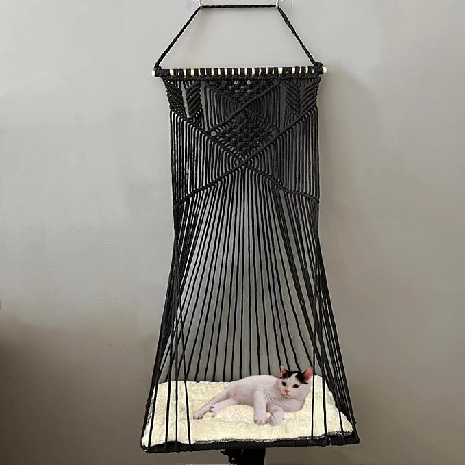 Macrame Hanging Cat Hammock Bed Cat Swing House Space Saving Window Perch with Washed Cotton Cats Toy Tassel Basket Tapestry (Black, Swing Bed+Cushion, XL)