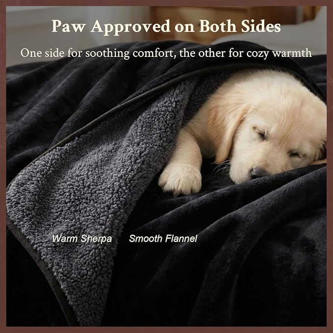Waterproof Blanket for Bed, Couch, Sofa - Plush Throw Blanket to Protect Furniture, Stain Resistant, Leak-Proof, Double-Sided Flannel & Sherpa Fleece, Reversible Black & Grey, 40"x60"