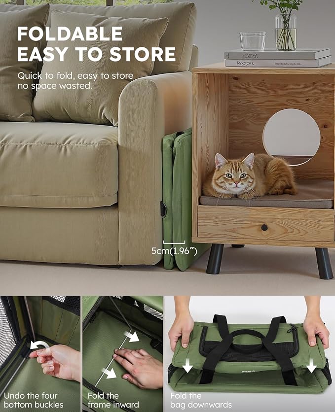 Pecute Cat Carrier Stable, Pet Carrier with Hidden Anxiety Relief Partition & Stable Steel Frame, Safe Cat Carrier for Car Travel, Soft-Sided Dog/Cat Carrier Bag for Pets Up to 11lbs, Green