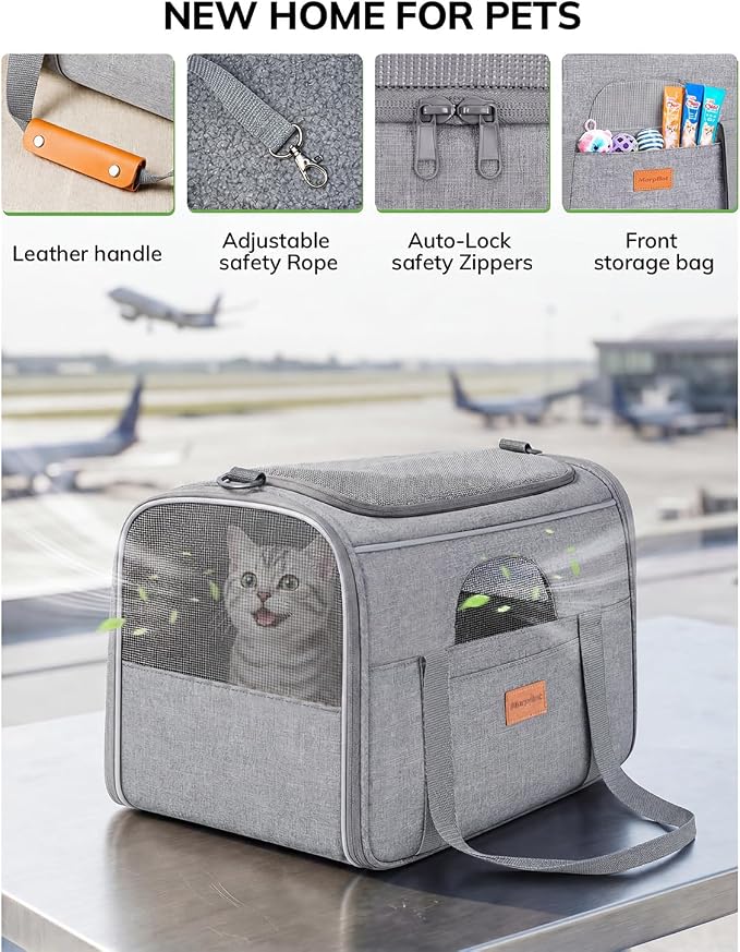 Morpilot Airline Approved Cat Carrier, 16.5" x11" x11" Soft-Sided Pet Travel Carrie with 4-Sided Mesh Ventilation for Cats & Puppies up to 15lbs (Light Gray)