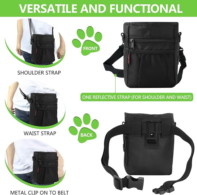 Dog Treat Pouch, Magnetic Closure, Dog Clicker- Black | Dog Training Treat Pouch, Large Size, Nylon Material, Magnetic Closure & Clicker, for Walking, Obedience & Outdoor Use