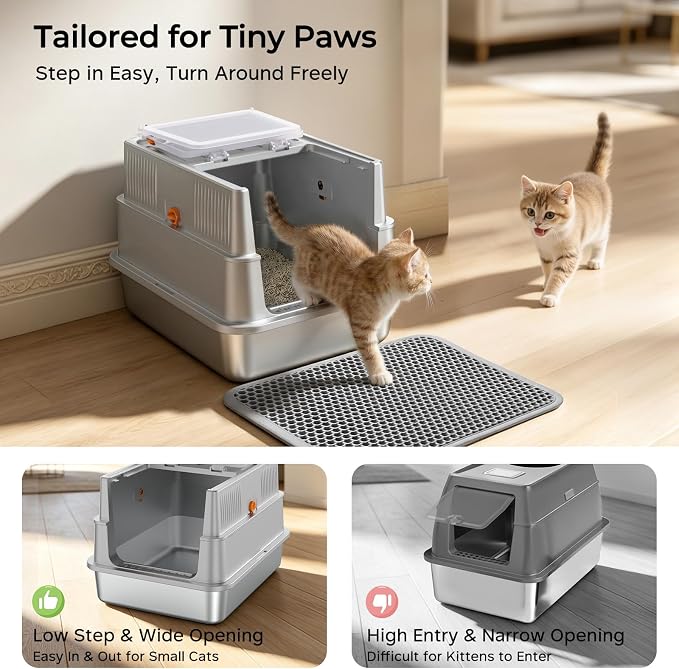 URPOWER Stainless Steel Cat Litter Box for Small Cats, Kitten Litter Box with 180° Flip-Top Lid Enclosed Metal Kitty Litter Box with Mat & Scoop, Odor Free, Non-Sticky, Non-Sticky, Easy Cleaning