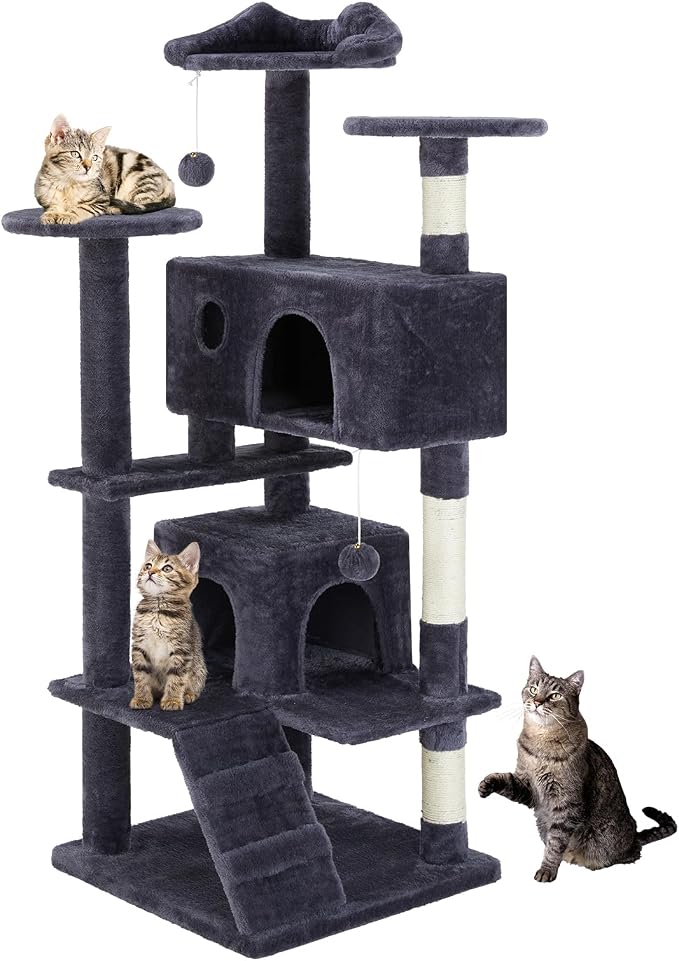 54 Inch Cat Tree Tower with Sisal Scratching Posts | Multi-Level Cat Tower with Climbing Ladder, Play Toy Balls House for Indoor Cats, Grey