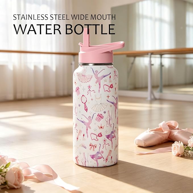 32oz Ballet Stainless Steel Insulated Water Bottle with Straw, Dance Themed Sports Coffee Travel Mug, Ballet Gifts for Women Girls Dancer Dance Decor Accessories