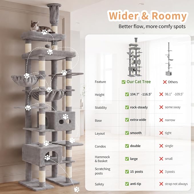 Heybly Floor to Ceiling Cat Tree, 104.7"-116.5" Height-Adjustable HCT92W | Expanded Wide Cat Climbing Tower with Wide Perch, 2 Spacious Cat Condos & 15 Scratching Posts for Indoor Cats, Light Gray
