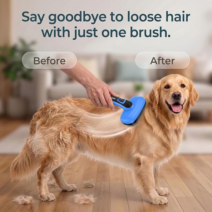 Self Cleaning Slicker Brush for Dog and Cat Shedding, Blue | Skin Friendly Deshedding Brush for Short or Long Haired Dogs & Cats, One-Click Retractable for Easy Cleaning Flying Hair