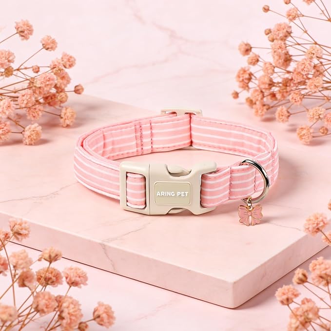 ARING PET Stripe Dog Collar, Cute Spring Summer Pink Stripe Pet Collars with Bow Charm for Puppy Small Medium Large Female Girl Dogs-M, for Daily Outdoor Walking Training