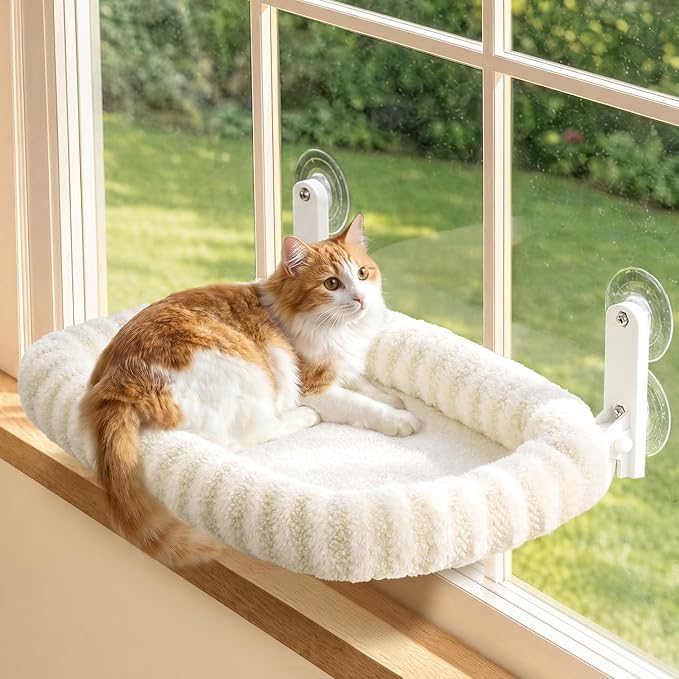 Zakkart Mellow Foldable Cat Window Perch, Upgraded Suction Cups (Beige, M) | Curtain-Friendly, Dual-Fabric Striped Machine Washable Bed, Heavy Duty ABS & Metal Frame, Hold up to 40 lbs., 22.8"W x 15.5"D