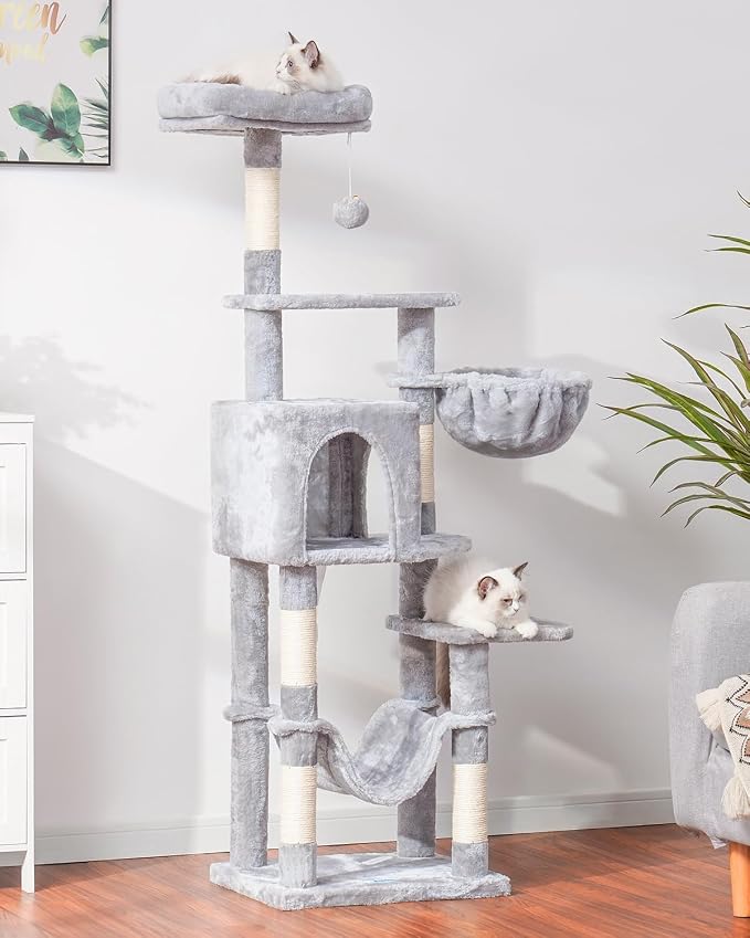 Hey-brother Cat Tree, Multi-Level Sisal Covered Scratching Posts, MPJ050W | 60.6 Inches Tower with Condo, Large Hammock, Top Perch, Toy Ball for Indoor Multi-Cats Households, Light Gray