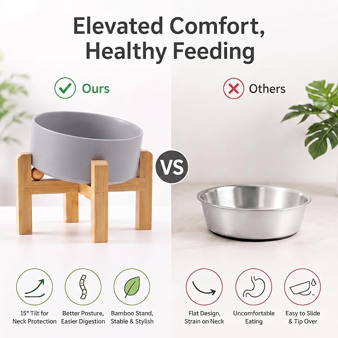 hjn Elevated Ceramic Dog Bowl 15°Slanted Raised Dog Bowl with Bamboo Stand for Small Medium Dogs and Cats, Pet Feeder -7.6-Cup (1800ml)-Gray