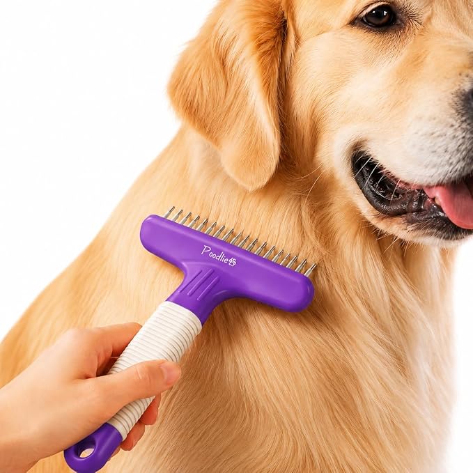 POODLIE Poodle Pet Dog Grooming Rake| Dematting Tool with Stainless Steel Shedding Comb for Pets | 2 Rows of Pins Gently Remove Loose or Tangled Hair from Undercoat | Purple Handle