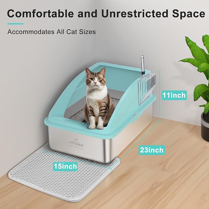 AIPERRO Stainless Steel Litter Box | XL Enclosed Cat Litter Boxs with Lid for Big Cats | High Sided, Anti-Urine Leakage | Non-Stick Bottom & Includes Litter Mat & Metal Scoop (Turquoise, X-Large)