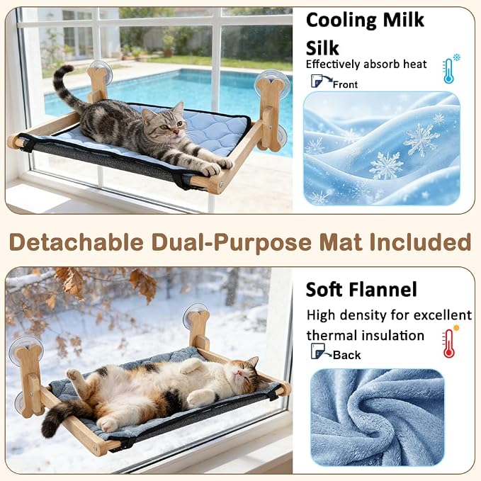 SZEE Cat Window Perch, Cooling Window Cat Bed with Cooling Mat, Foldable Pet Perch Hammock with Sturdy Wooden Frame & Large Suction Cup, with Soft Flannel Plush Backing for All-Season Use