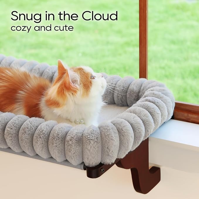 Zakkart SnugCloud Cat Window Perch with 4-Sided Bolster - Orthopedic Cat Hammock for Window Sill - Solid Hardwood & Metal Frame - Window Seat for Pets (Dark Stained Wood w/Gray Bed, Medium)