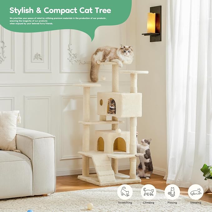 DUMOS 54 Inch Cat Tree Tower with Scratching Posts | Indoor Multi-Level Pet House for Large Cats with 2 Condos, Round Platform, Small Ladder and Toys, Beige