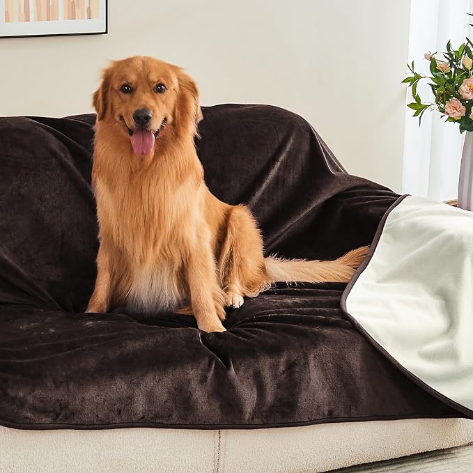 Waterproof Blanket 60"x80" for Adults, Reversible Waterproof Bed Cover for Dogs Cats Pets, Soft Leakproof Blanket for Bed Couch Sofa Furniture Protector, Brown/Off White