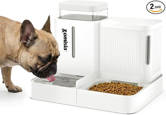 ZOMISIA Gravity Dog Food and Water Dispenser, 2 in 1 Automatic Dog Feeder with 180 Degree Rotatable, 2 Pack Large Capacity Self Feeding for Small Dogs Puppy, White, 1.6GALx2