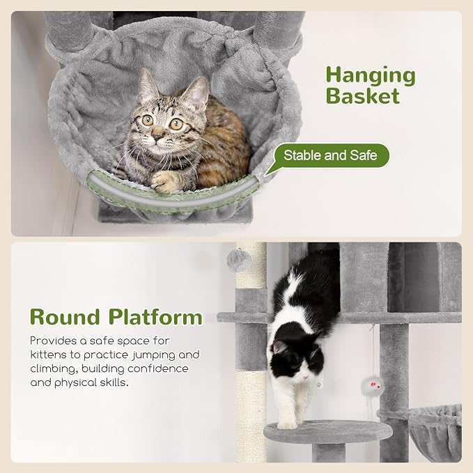 Globlazer Cat Tree Tower for Multiple Adult Cats, 82in, F82, Light Grey | XXL Tall Cat Tree Tower for Indoor Cats with Scratching Post, 3 Perches, 2 Condos, 2 Hanging Baskets
