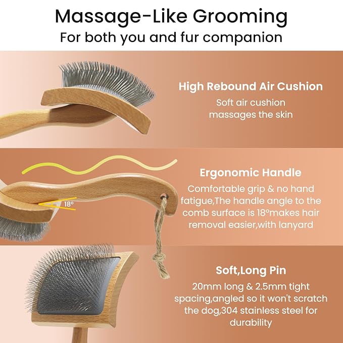 Dog Slicker Brush for Shedding,Dog Brush for Long Haired Dogs & Remove Tangles & Mats,Ergonomic Handle Grooming Like Professional,Beech Wood,M