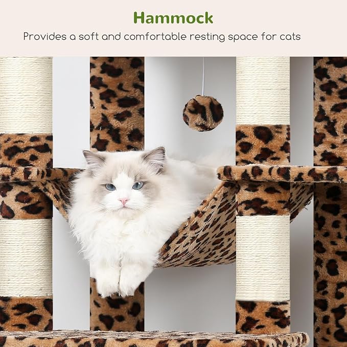 Globlazer Giant Tall Heavy Duty Cat Tower for Indoor Large Cats, F83B | XXL Multi-Level Large Cat Condo with 8 Scratching Posts, Hammock, 2 Cat Caves, 2 Platform, Leopard Print