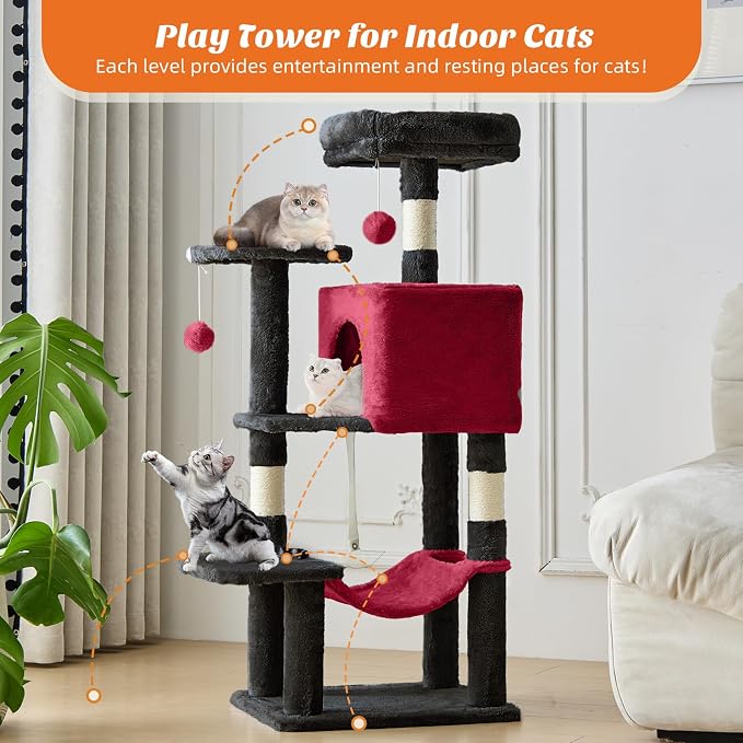 44 Inch Small Cat Tree Tower for Indoor Cats and Kittens | Multi-Level Cat Climbing Tower with Natural Sisal Scratching Post and Hammock, Pet Condo, Black and Red