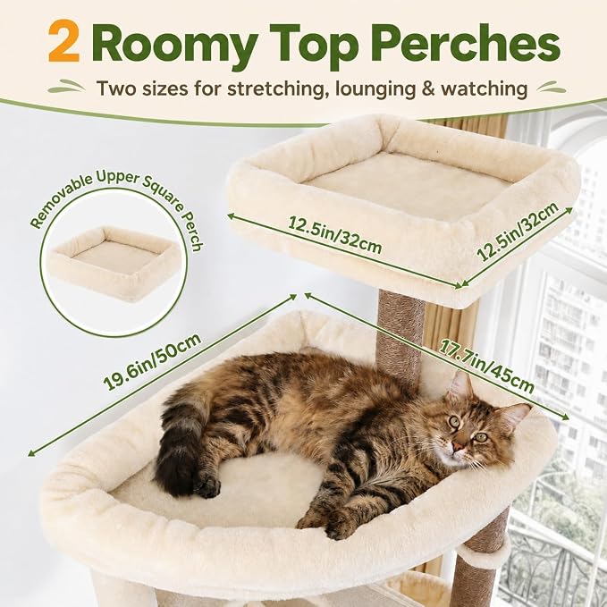 Globlazer F83C Pro Max Heavy Duty Maine Coon Cat Tree, 83in Tall Tower | Easy Assembly, Large Cats, 2 Condos, 3 Hanging Baskets, 2 Perches, 7 Sisal Scratching Posts, Anti-Topple Strap, Beige