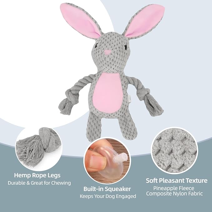 Bunny Dog Toy with Rope Arms – Squeaky Plush Rabbit for Small & Medium Dogs, Soft Chew & Tug Toy for Interactive Play, Easter Puppy Toy Gift