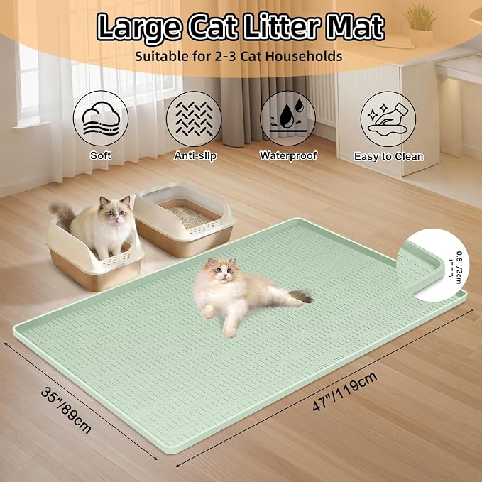 Silicone Cat Litter Mat 47" x 35" Cat Mat for Litter Box, Green | Extra Large Cat Litter Trapping Mat for Floor, Waterproof, Non-Slip Kitty Litter Box Mat with Raised Edge, Easy to Clean