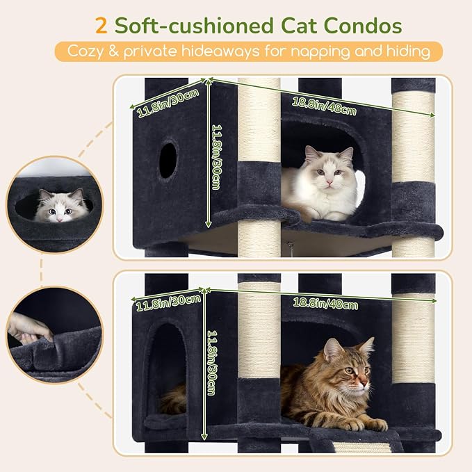 Globlazer 80in Tall Extra Large Heavy Duty Corner Cat Tree Tower, S80C | Sturdy Big Cat Tower for Indoor Cats Large Adult with Scratching Post, 2 Spacious Condos with Padding, 2 Perches, Dark Grey