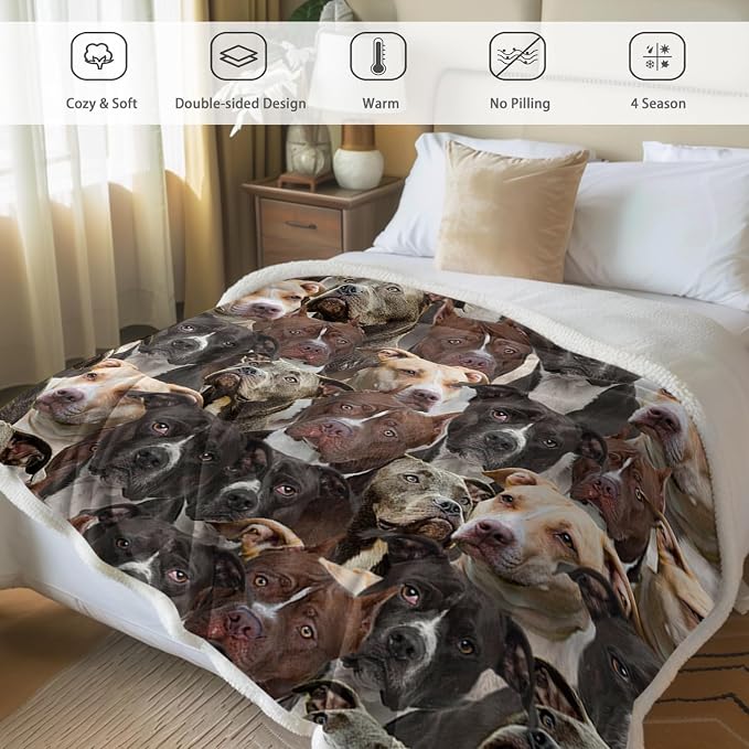 BlessLiving Fuzzy Dog Blanket for Kids Adults Cute Puppy Fleece Blanket Reversible Animal Pattern Sherpa Throw(Pit Bull,Throw, 50 x 60 Inches)