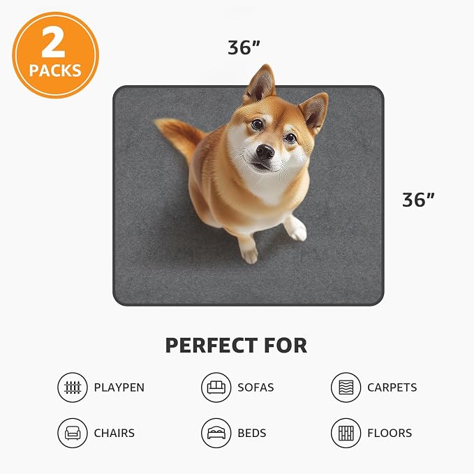 Washable Dog Pee Pads, 36x36 2 Pack Reusable Puppy Pads for Whelping | Absorb Dog Mats, Waterproof, Non-Slip, Quick Dry, Puppy Training Pads for Potty Training, Playpen, Crate, Housebreaking