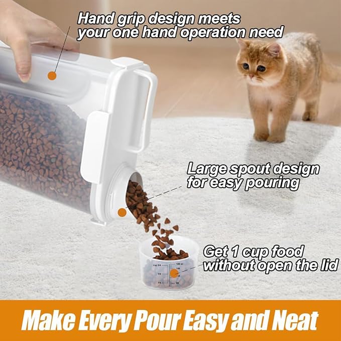 Dog Cat Food Storage Container with Cup (White, 5L) | Pet Food Pourable Container Airtight with Large Spout, BPA-Free Plastic Food Dispenser for Pet Food, Bird Seed, Rice, Flour